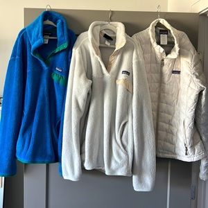 PATAGONIA PULLOVERS (x2) & zip up puff jacket
